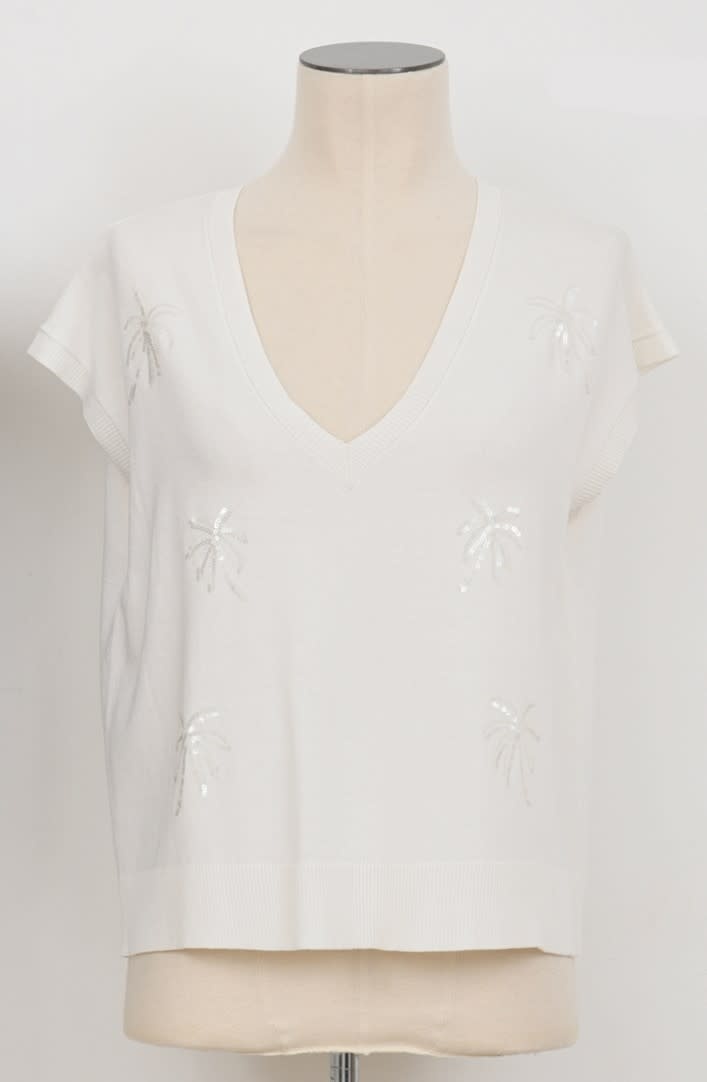 Molly Bracken White V-Neck With Sequin Palm Tree