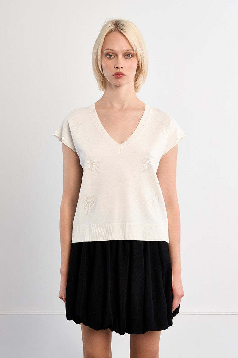 Molly Bracken White V-Neck With Sequin Palm Tree