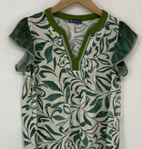 Democracy Cream/Teal Multi Flutter Sleeve Split-Neck Pintuck Printed Top
