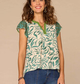Democracy Cream/Teal Multi Flutter Sleeve Split-Neck Pintuck Printed Top