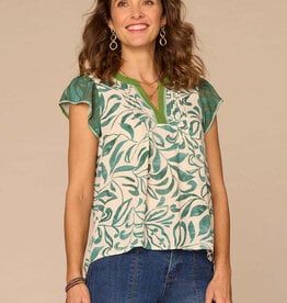 Democracy Cream/Teal Multi Flutter Sleeve Split-Neck Pintuck Printed Top