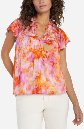 Liverpool Los Angeles flutter sleeve popover woven blouse w/ ruffl