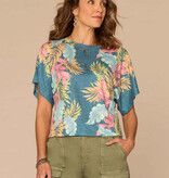 Democracy Bermuda Teal Multi Dolman Sleeve Scalloped Scoop-Neck Print Top