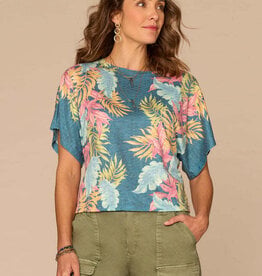 Democracy Bermuda Teal Multi Dolman Sleeve Scalloped Scoop-Neck Print Top