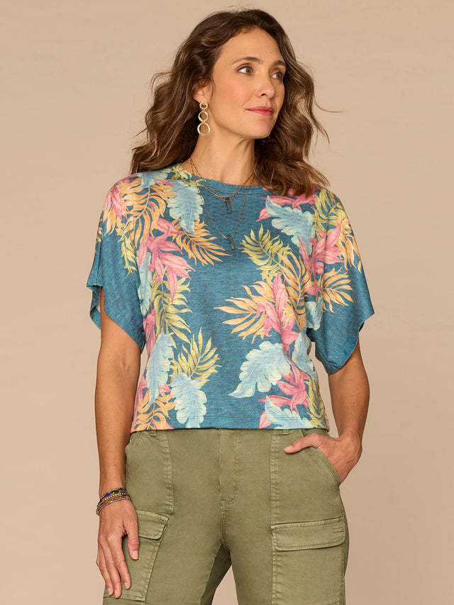 Democracy Bermuda Teal Multi Dolman Sleeve Scalloped Scoop-Neck Print Top