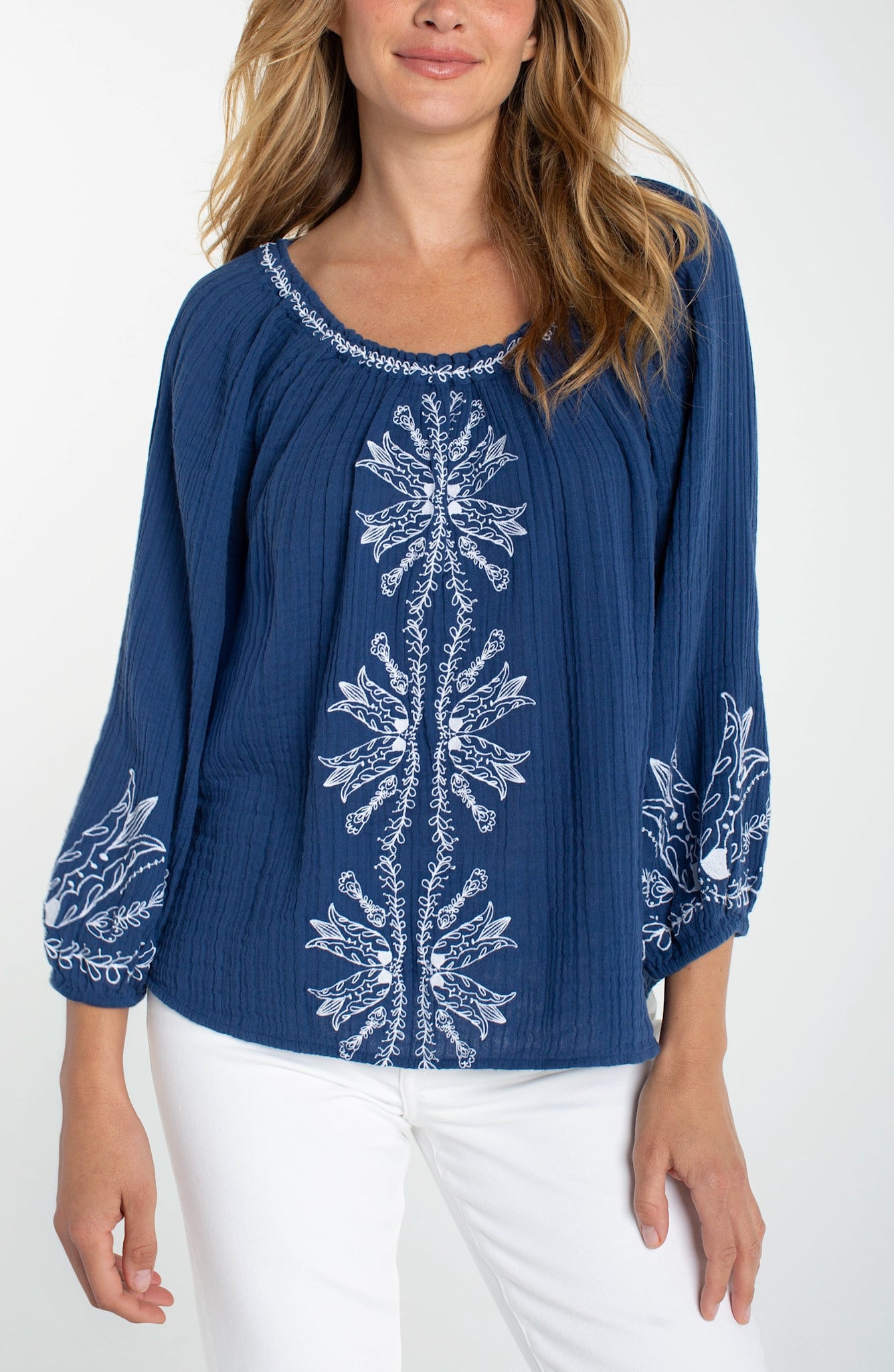 Liverpool Los Angeles 3/4 sleeve woven top w/embroidery