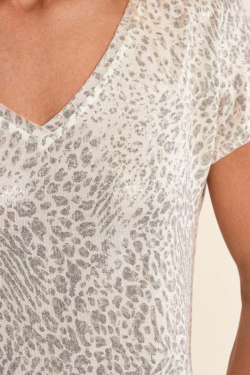 Molly Bracken Metallic Animal Print V-Neck Top
