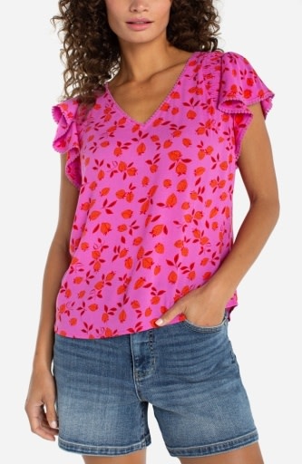 Liverpool Los Angeles short sleeve flutter v neck woven top