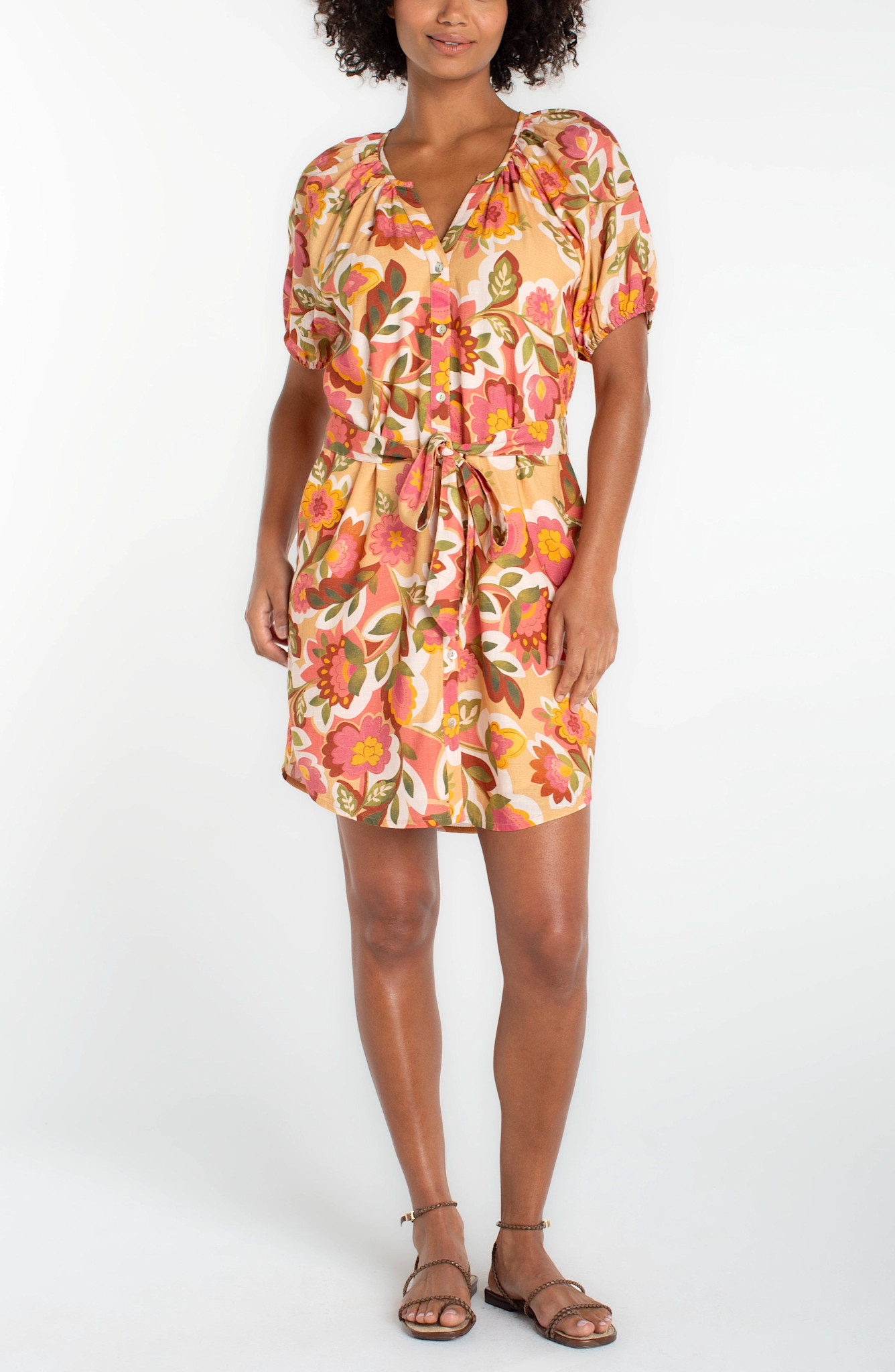 Liverpool Los Angeles short sleeve shirred button front woven dress