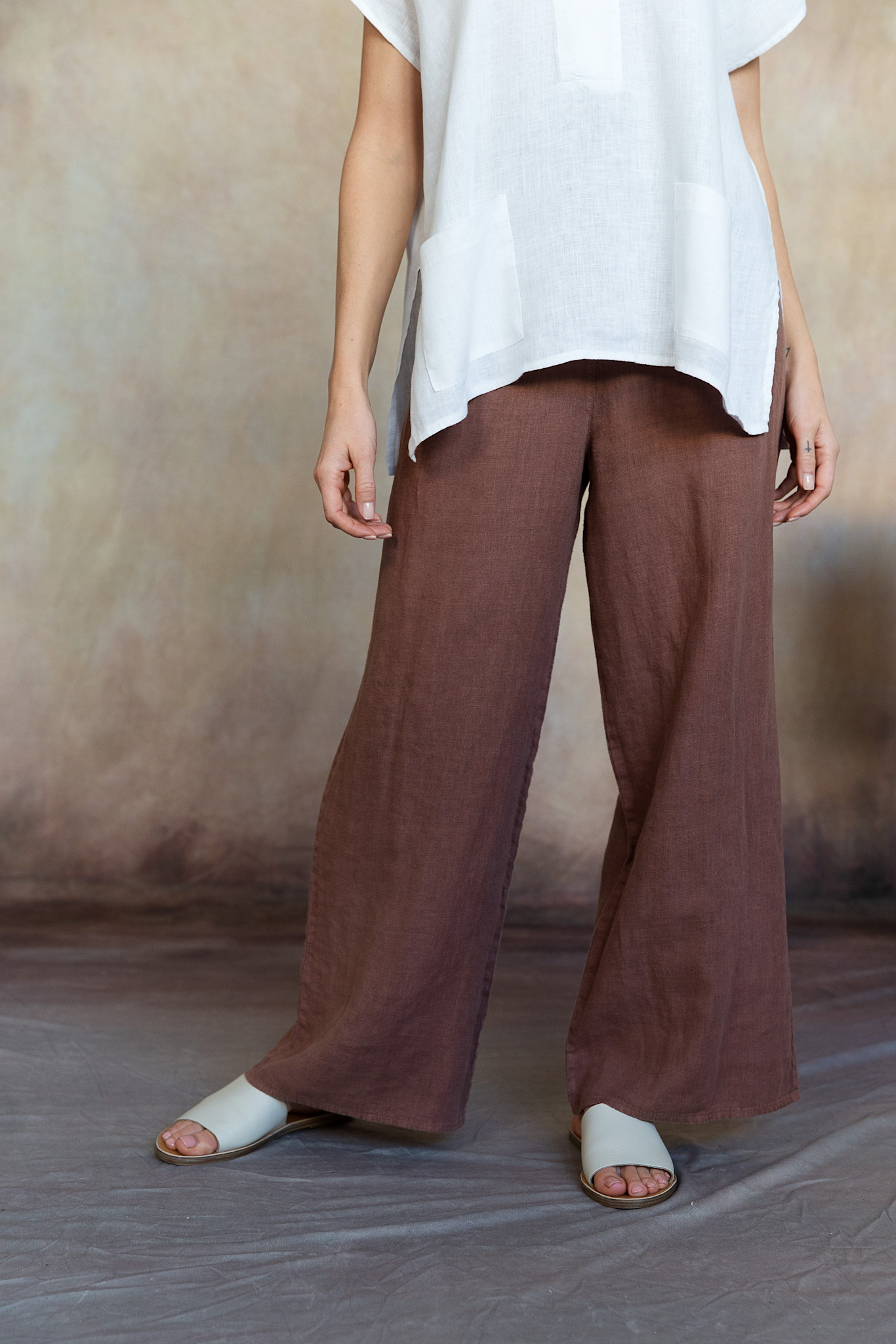 Cobblestone Living L/XL Washed Espresso Lenore Linen Wide-Leg Pants