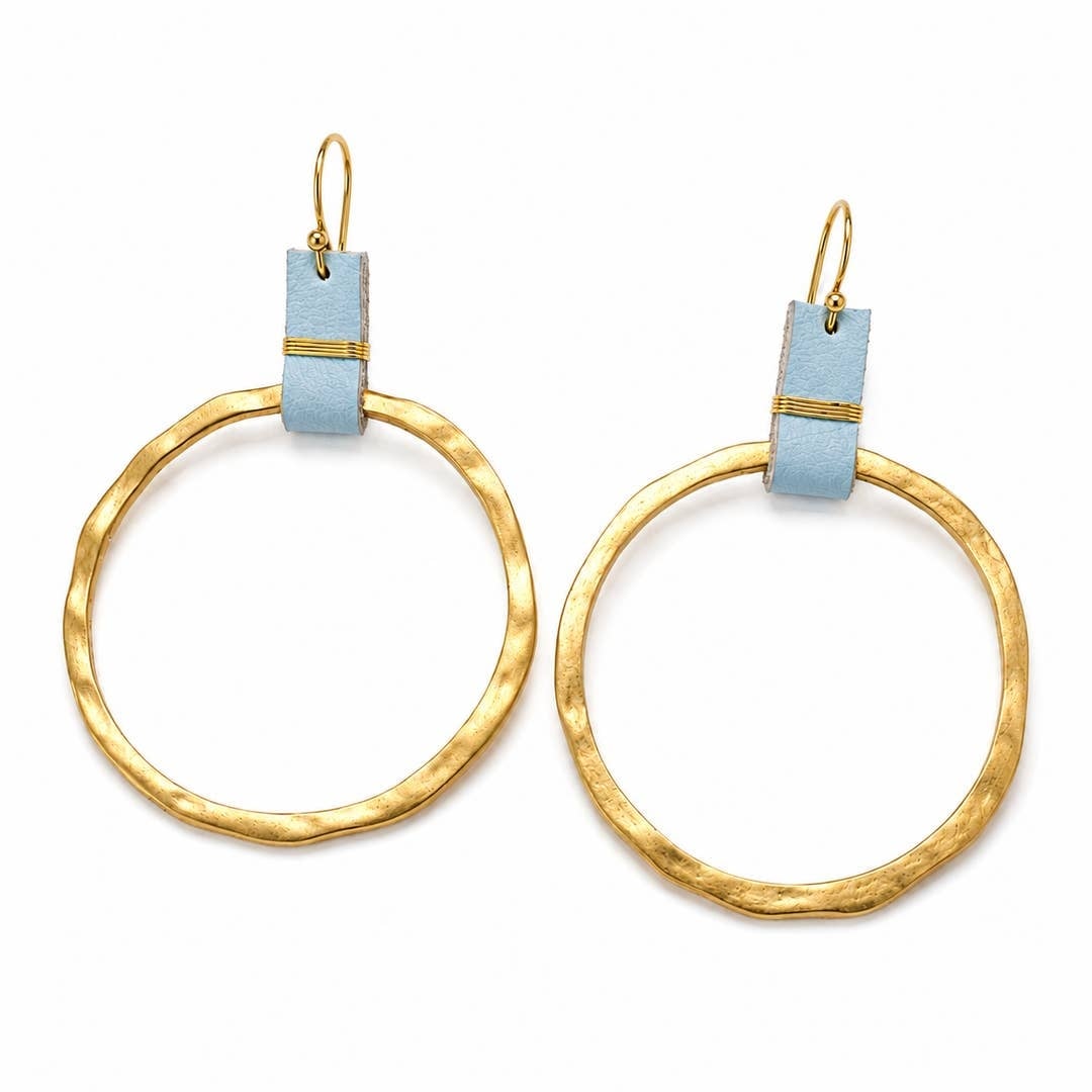 Erin Gray Gold and Blue Wired Wrapped Leather Earrings