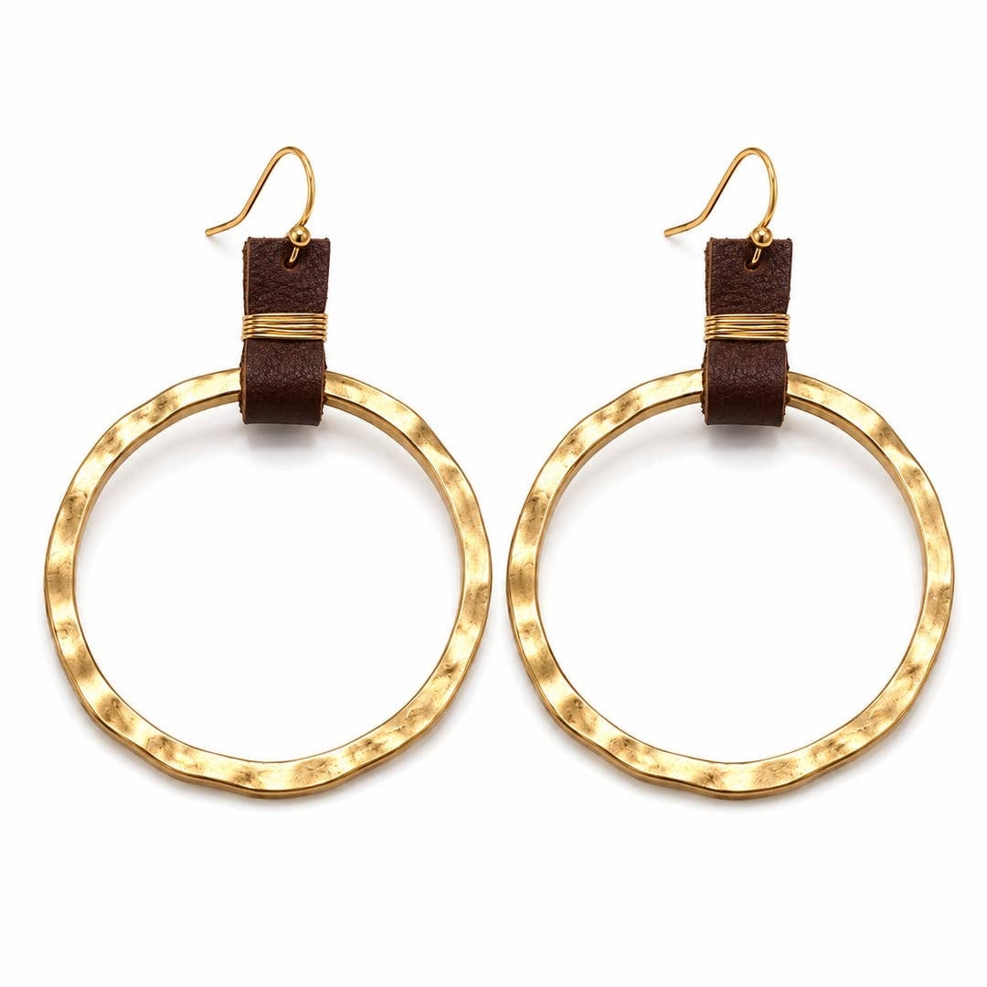 Erin Gray Gold and Brown Wired Wrapped Leather Earrings