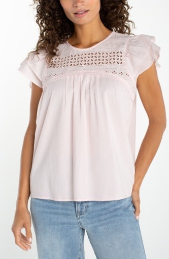 Liverpool Los Angeles dbl flutter sleeve woven blouse w/ emb