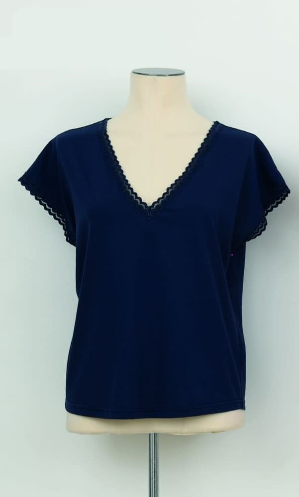Molly Bracken Navy Blue Ladies Knitted Tee (small lace detail at vneck and sleeve opening)