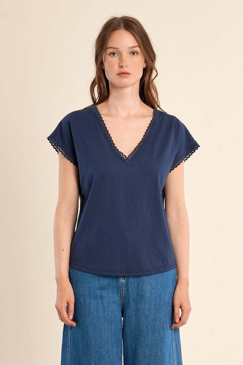 Molly Bracken Navy Blue Ladies Knitted Tee (small lace detail at vneck and sleeve opening)