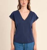 Molly Bracken Navy Blue Ladies Knitted Tee (small lace detail at vneck and sleeve opening)