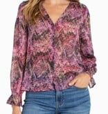Liverpool Los Angeles long sleeve button front woven top w/smocking