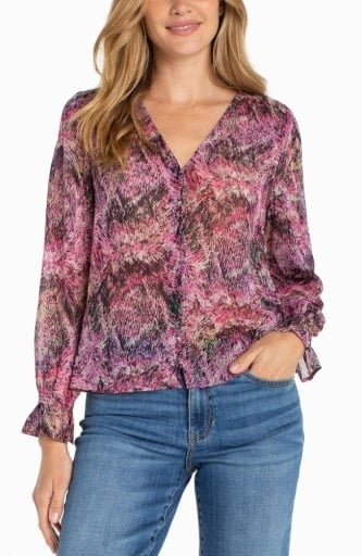 Liverpool Los Angeles long sleeve button front woven top w/smocking