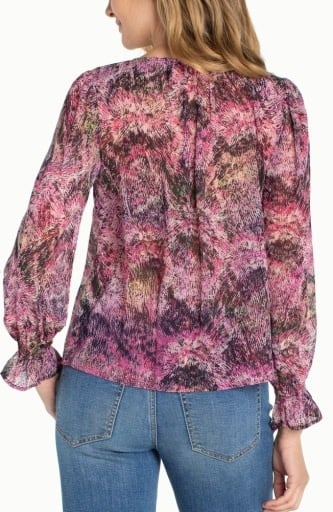 Liverpool Los Angeles long sleeve button front woven top w/smocking