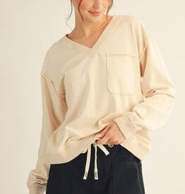 Jodifl Cream Drop Shoulder Wide V Neck Casual Top