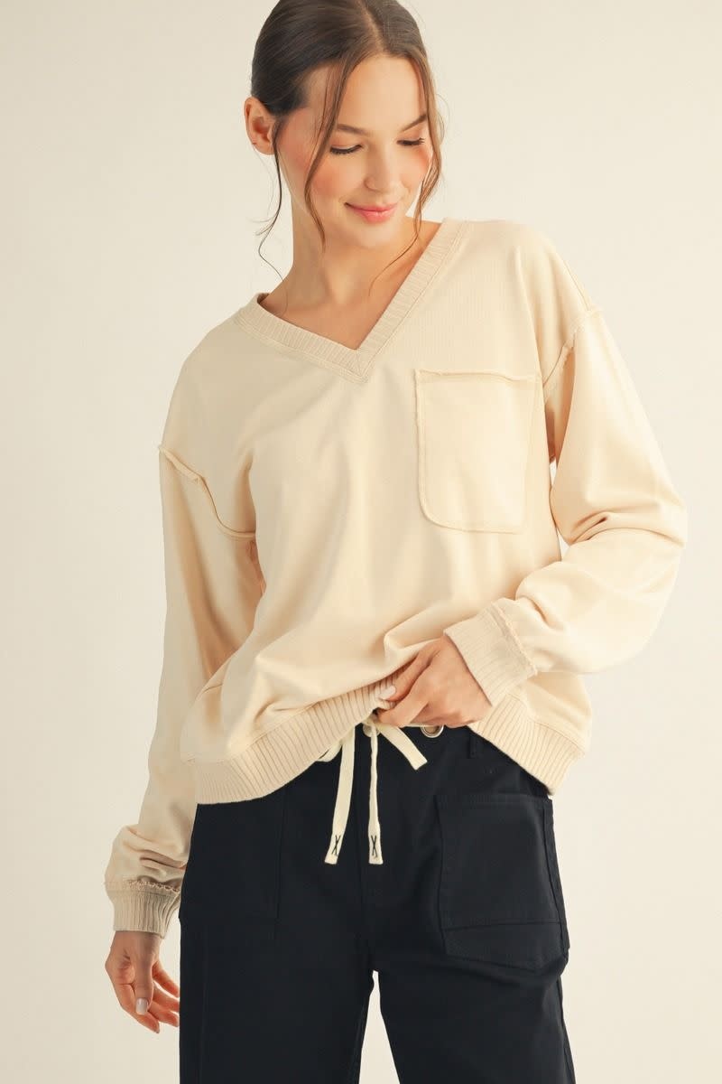 Jodifl Cream Drop Shoulder Wide V Neck Casual Top