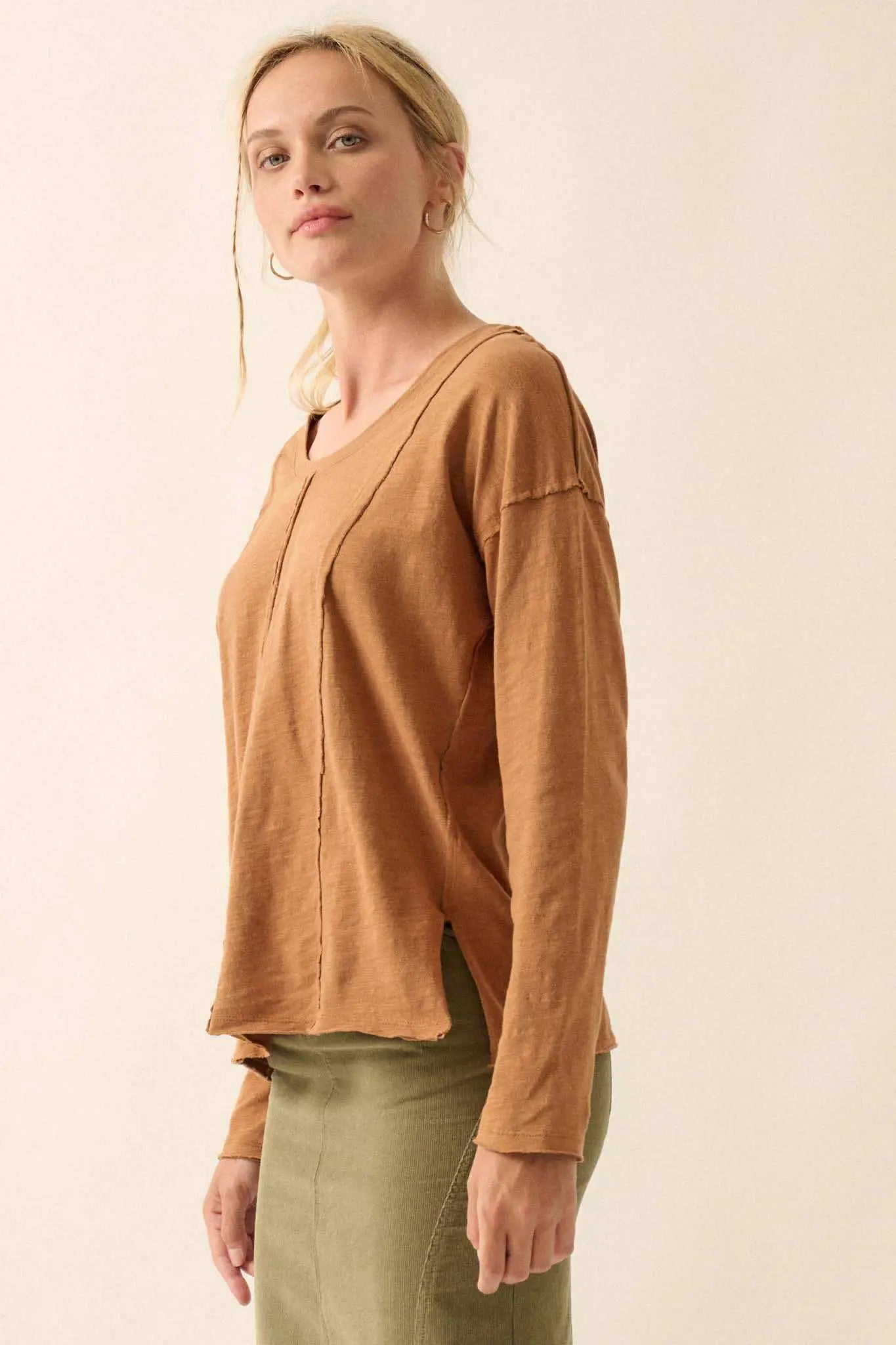 Toffee Easy Fit Mineral-Wash Slub Knit Exposed-Seam Top