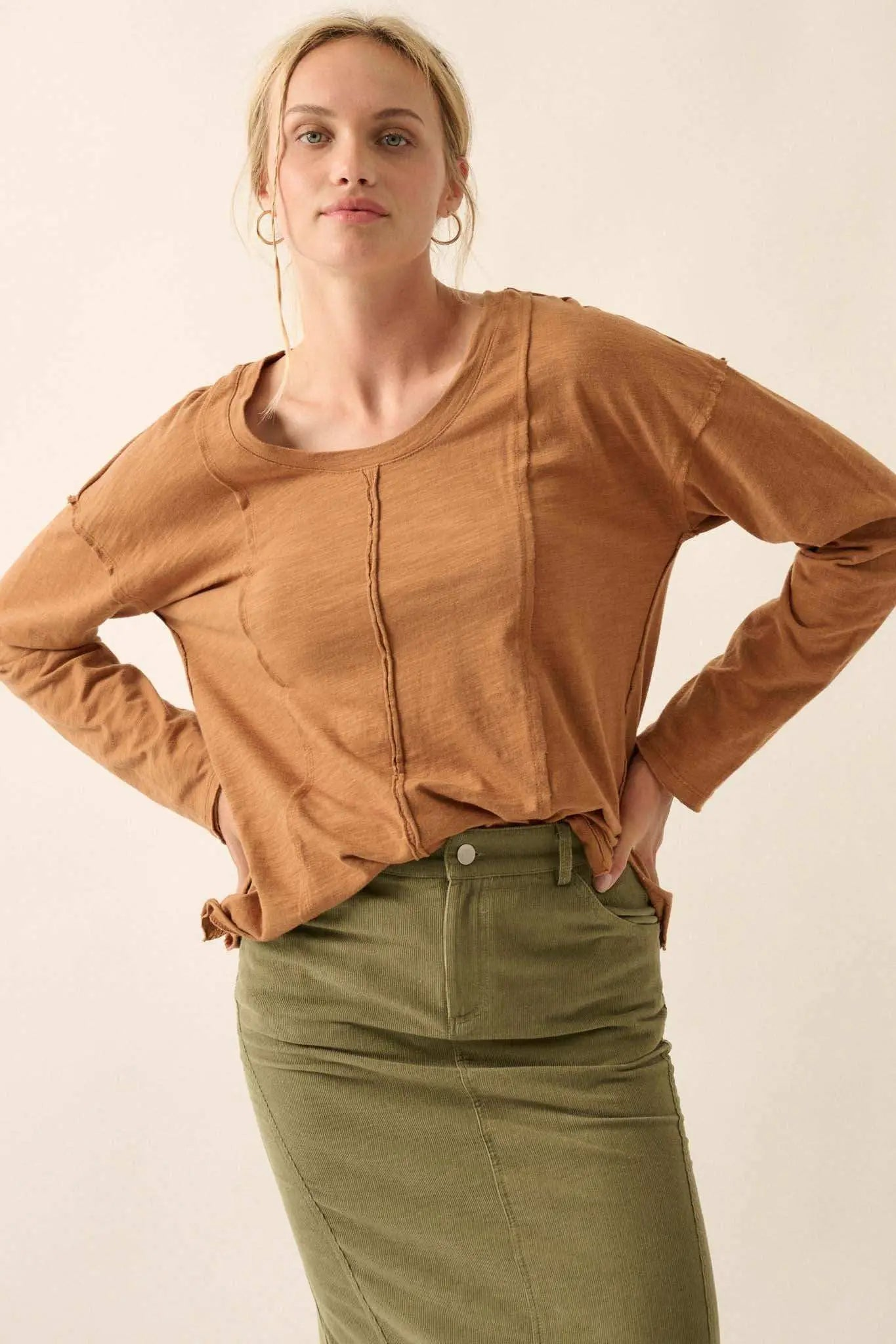 Toffee Easy Fit Mineral-Wash Slub Knit Exposed-Seam Top