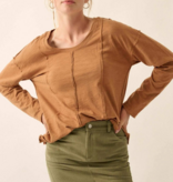 Toffee Easy Fit Mineral-Wash Slub Knit Exposed-Seam Top