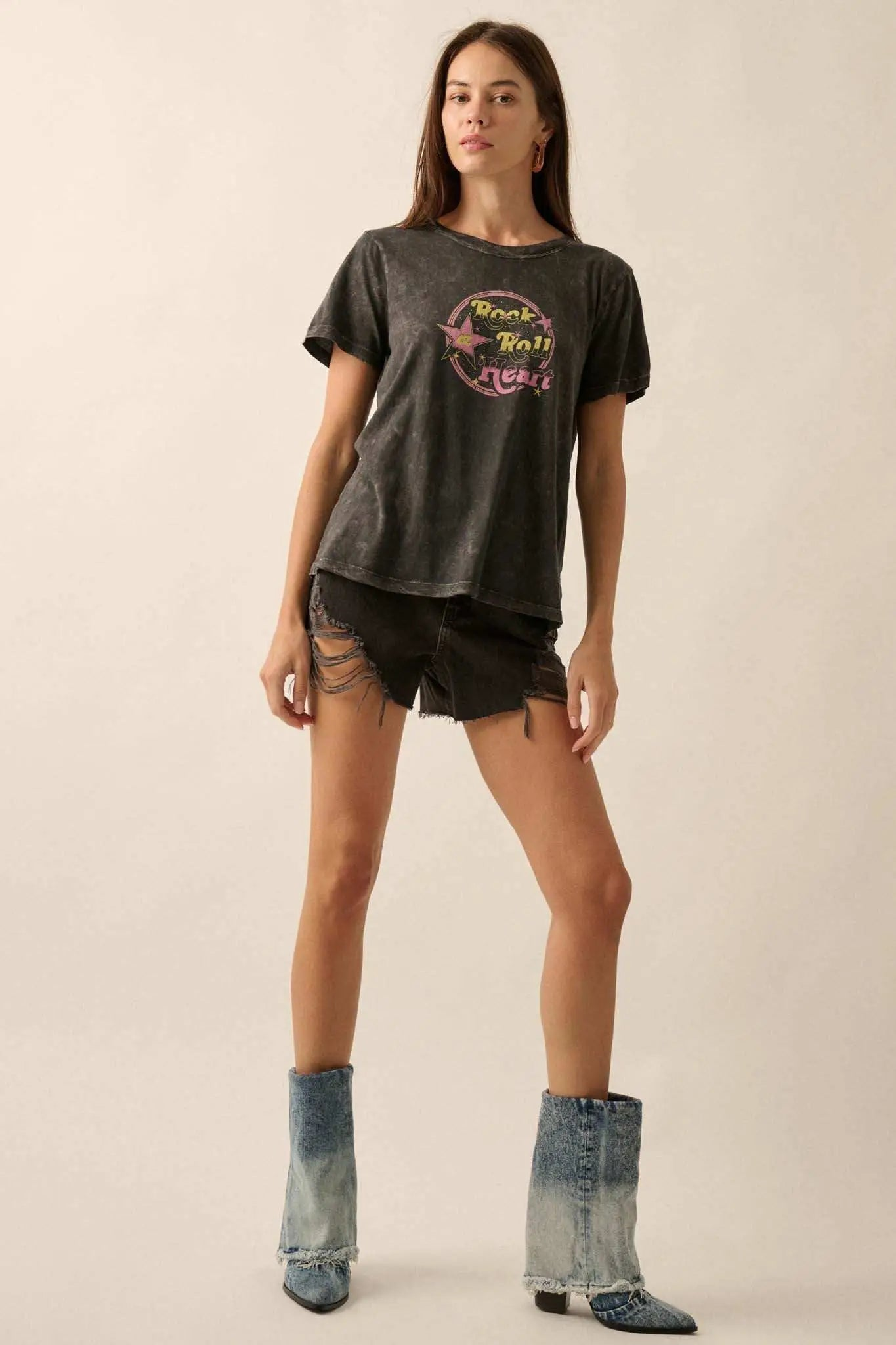Charcoal Rock & Roll Heart Mineral Wash Graphic Tee