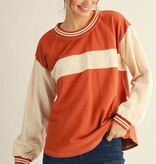 Jodifl Brick/Cream Drop Shoulder LS Casual Color Blocked Top