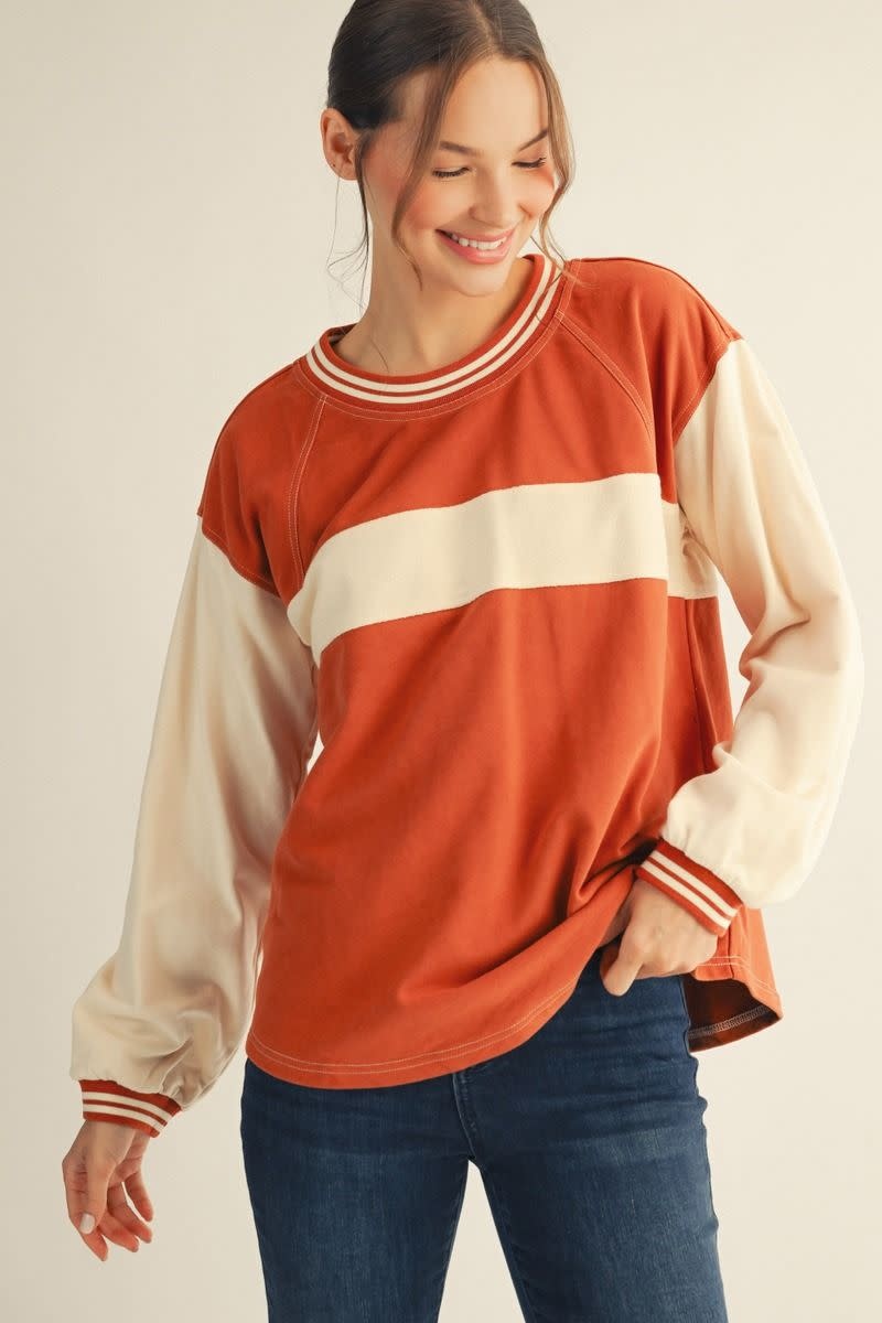 Jodifl Brick/Cream Drop Shoulder LS Casual Color Blocked Top