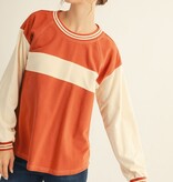 Jodifl Brick/Cream Drop Shoulder LS Casual Color Blocked Top