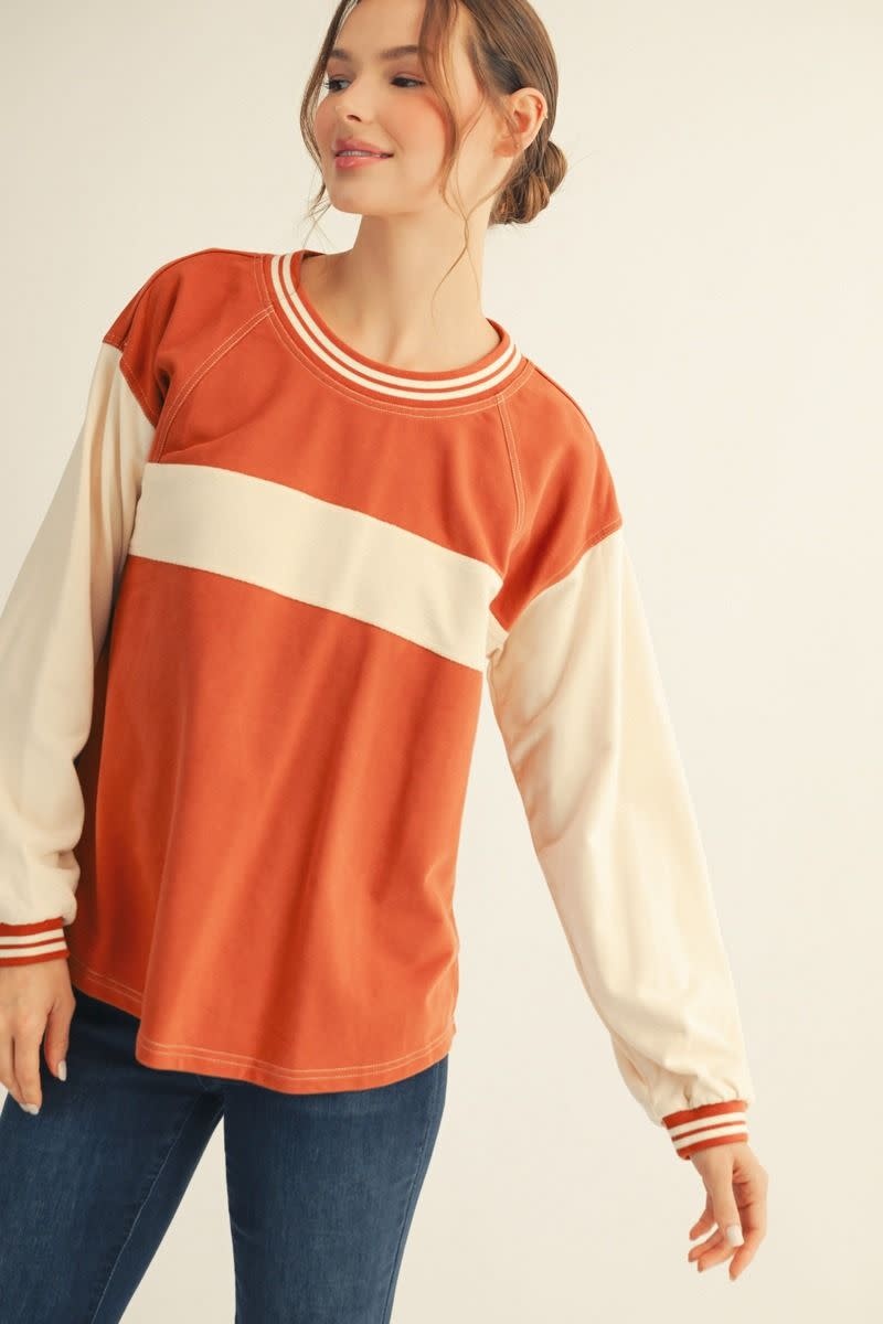 Jodifl Brick/Cream Drop Shoulder LS Casual Color Blocked Top