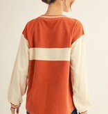 Jodifl Brick/Cream Drop Shoulder LS Casual Color Blocked Top
