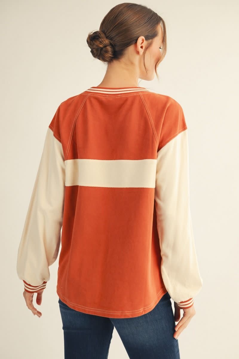 Jodifl Brick/Cream Drop Shoulder LS Casual Color Blocked Top