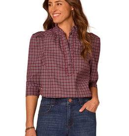 Democracy Plum/Nile Blue Multi 3/4 Sleeve Ruffle Plaid Top