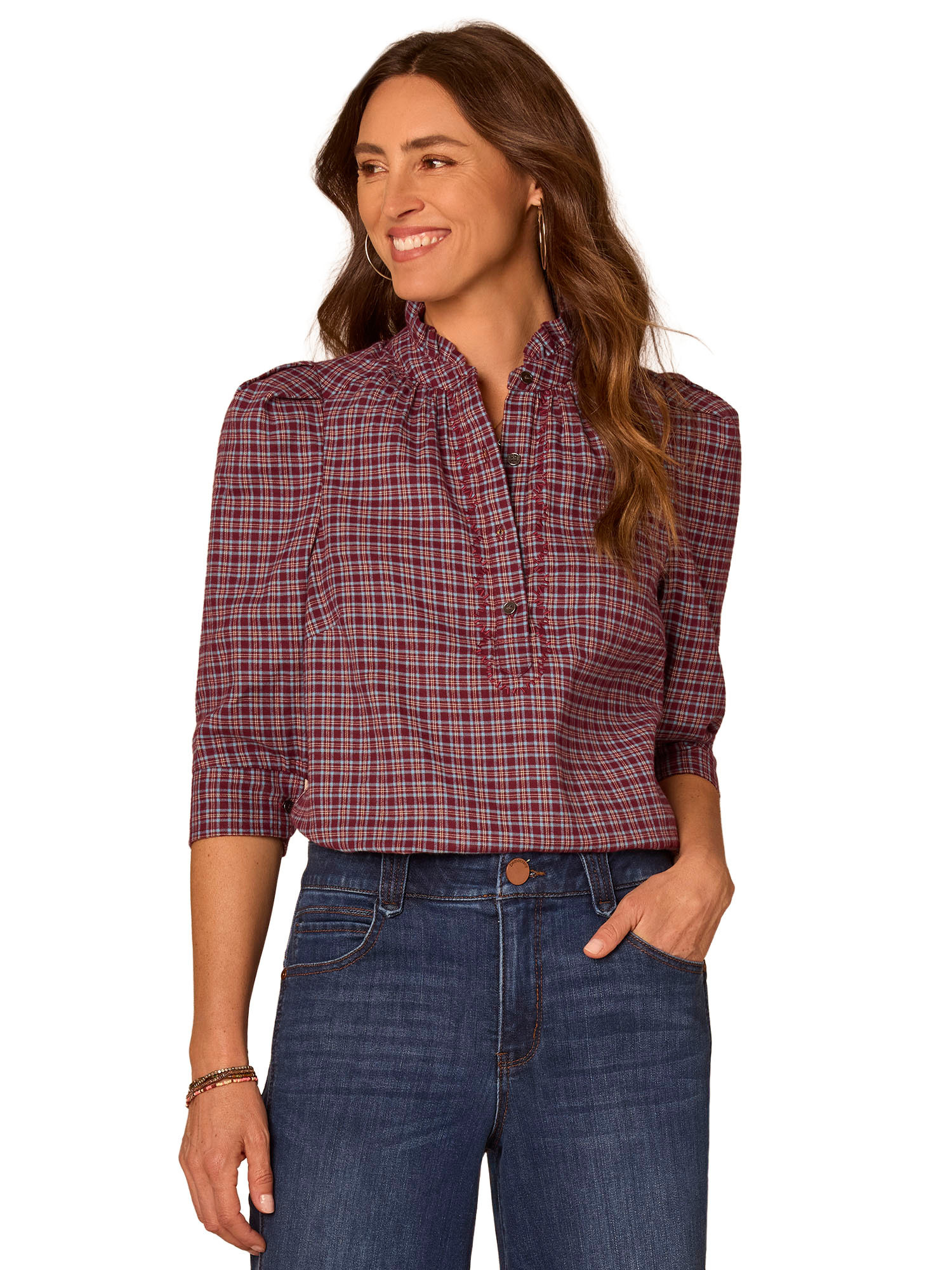 Democracy Plum/Nile Blue Multi 3/4 Sleeve Ruffle Plaid Top
