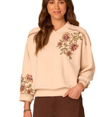 Democracy Ecru Multi Blouson Sleeve V-Neck Embroidered Sweatshirt