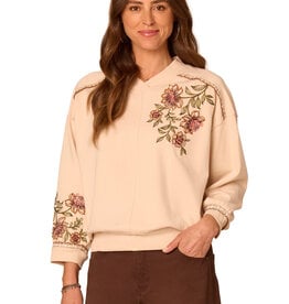 Democracy Ecru Multi Blouson Sleeve V-Neck Embroidered Sweatshirt