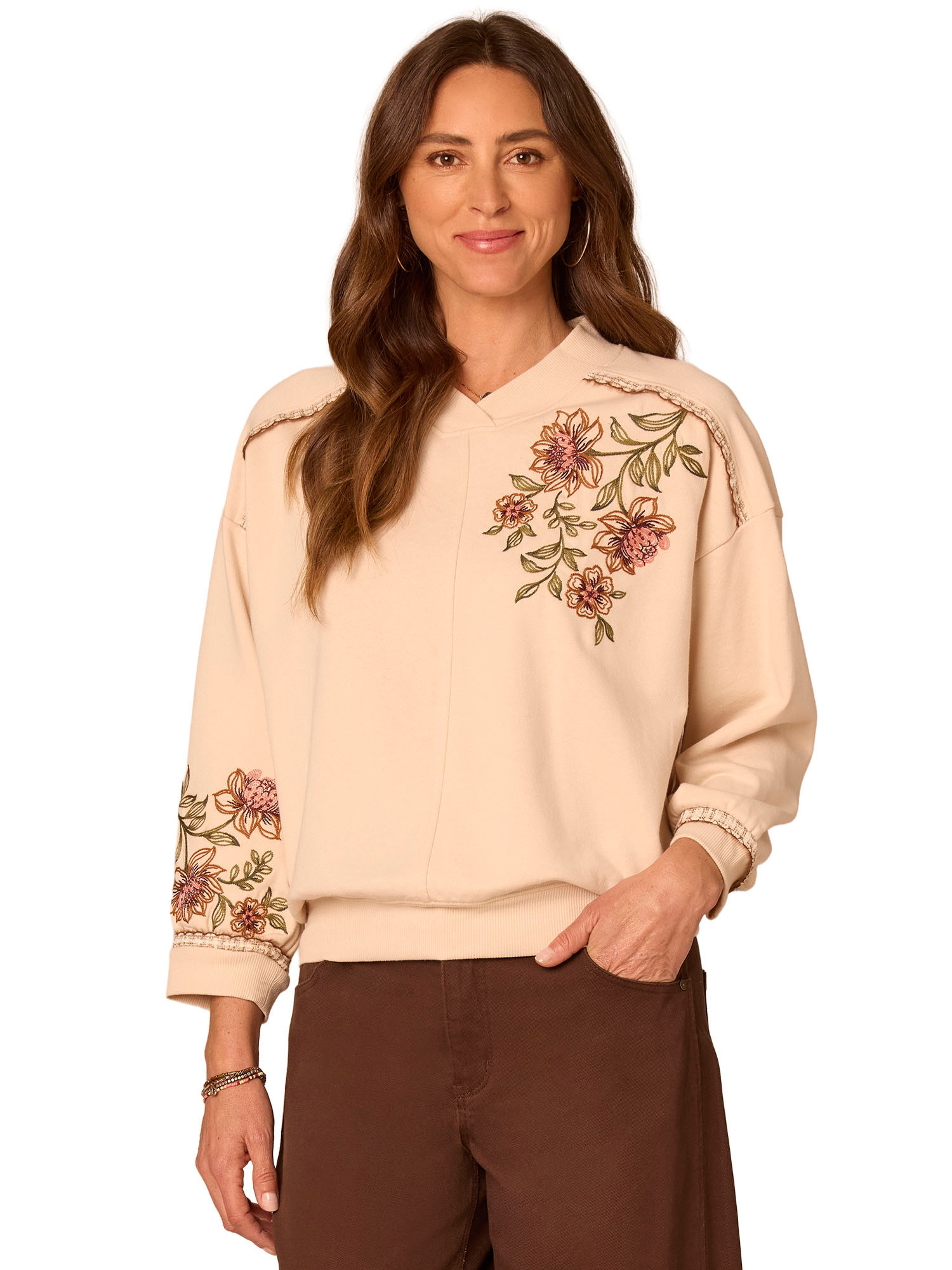 Democracy Ecru Multi Blouson Sleeve V-Neck Embroidered Sweatshirt