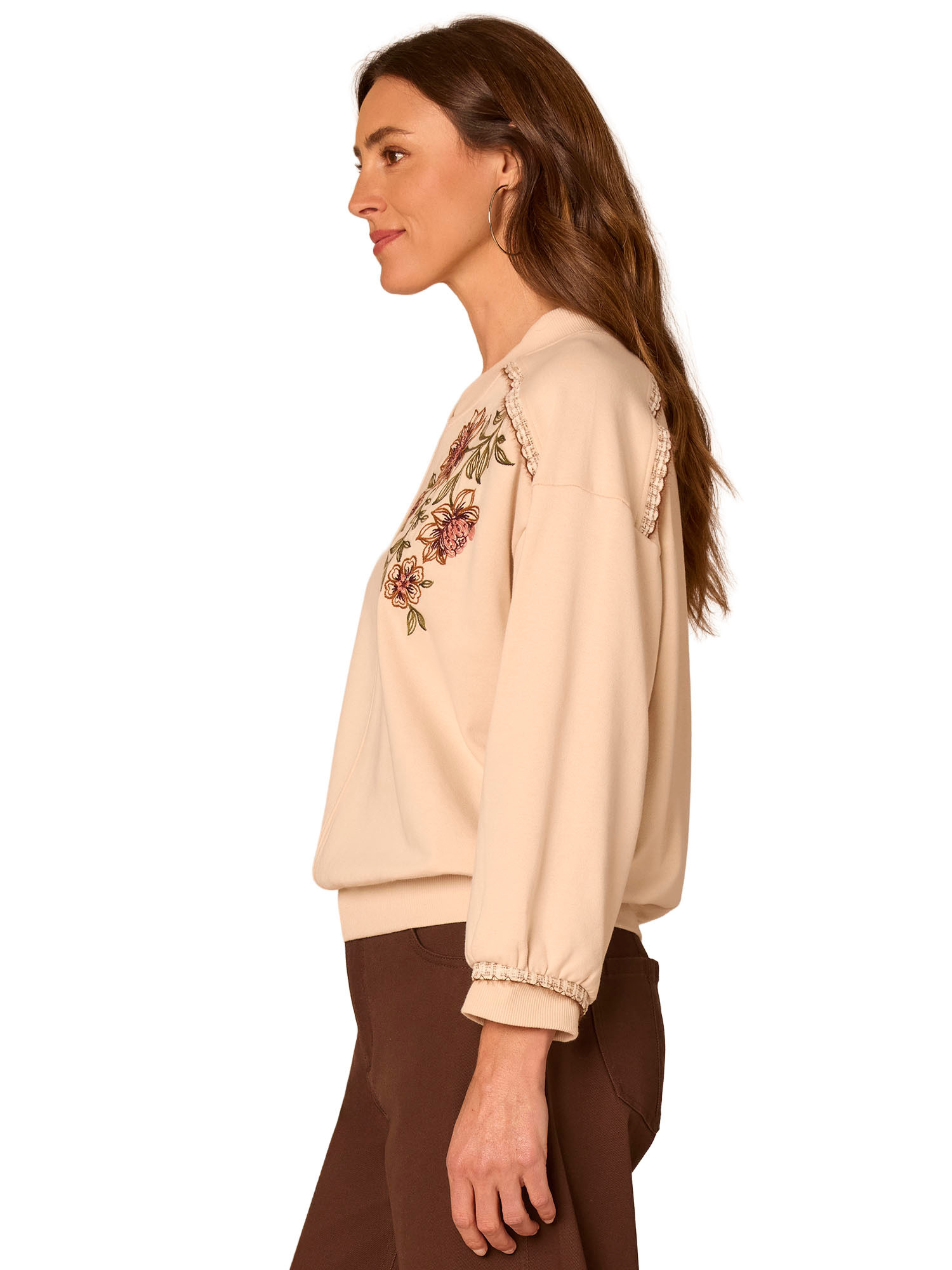 Democracy Ecru Multi Blouson Sleeve V-Neck Embroidered Sweatshirt