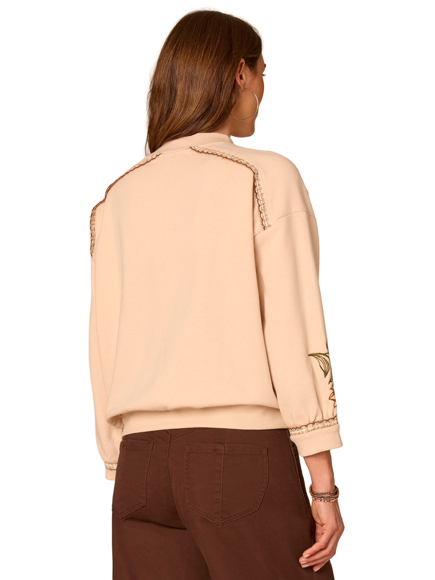 Democracy Ecru Multi Blouson Sleeve V-Neck Embroidered Sweatshirt