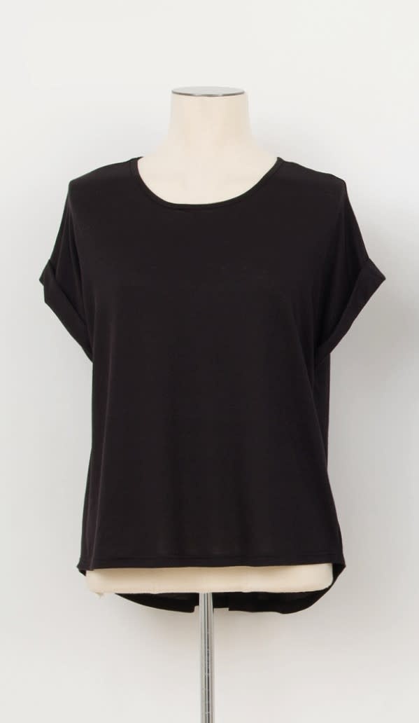 Molly Bracken Shimmer Black Open Back Cuffed Sleeve Tee (Black Ladies Knitted Top)