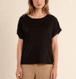 Molly Bracken Shimmer Black Open Back Cuffed Sleeve Tee (Black Ladies Knitted Top)