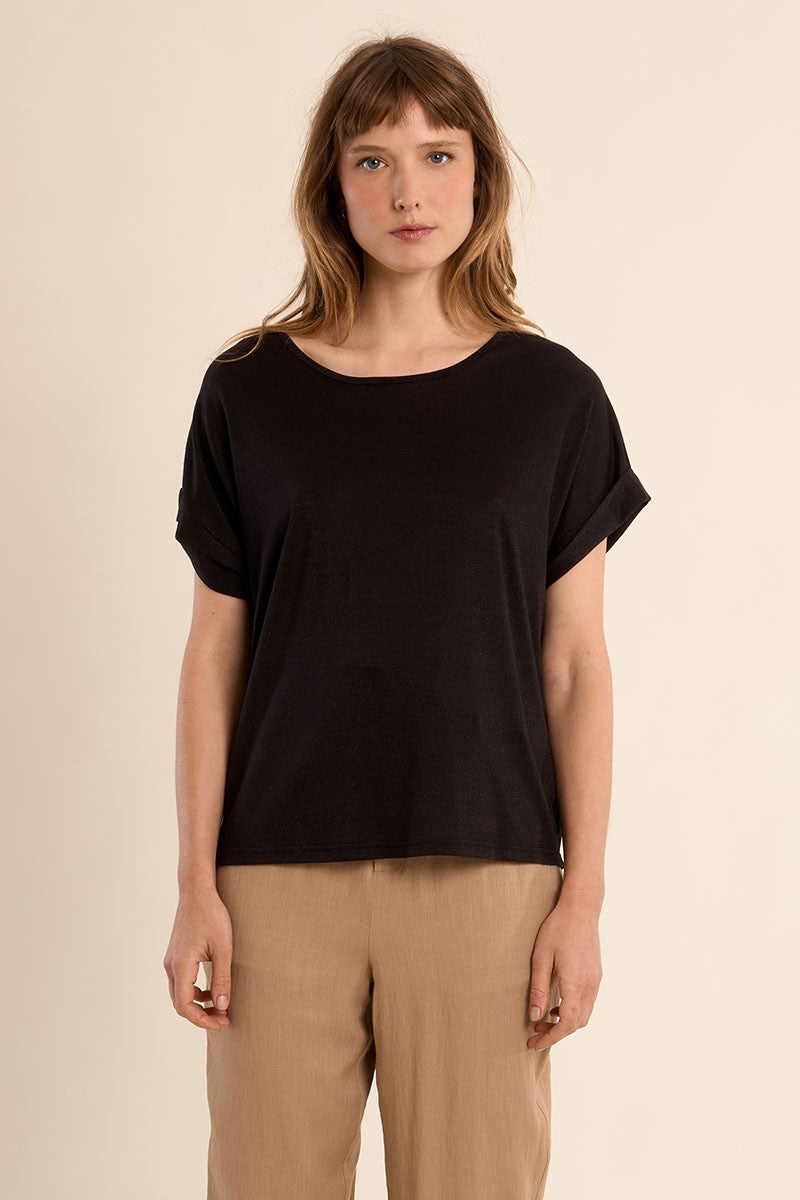 Molly Bracken Shimmer Black Open Back Cuffed Sleeve Tee (Black Ladies Knitted Top)