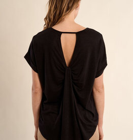 Molly Bracken Shimmer Black Open Back Cuffed Sleeve Tee (Black Ladies Knitted Top)