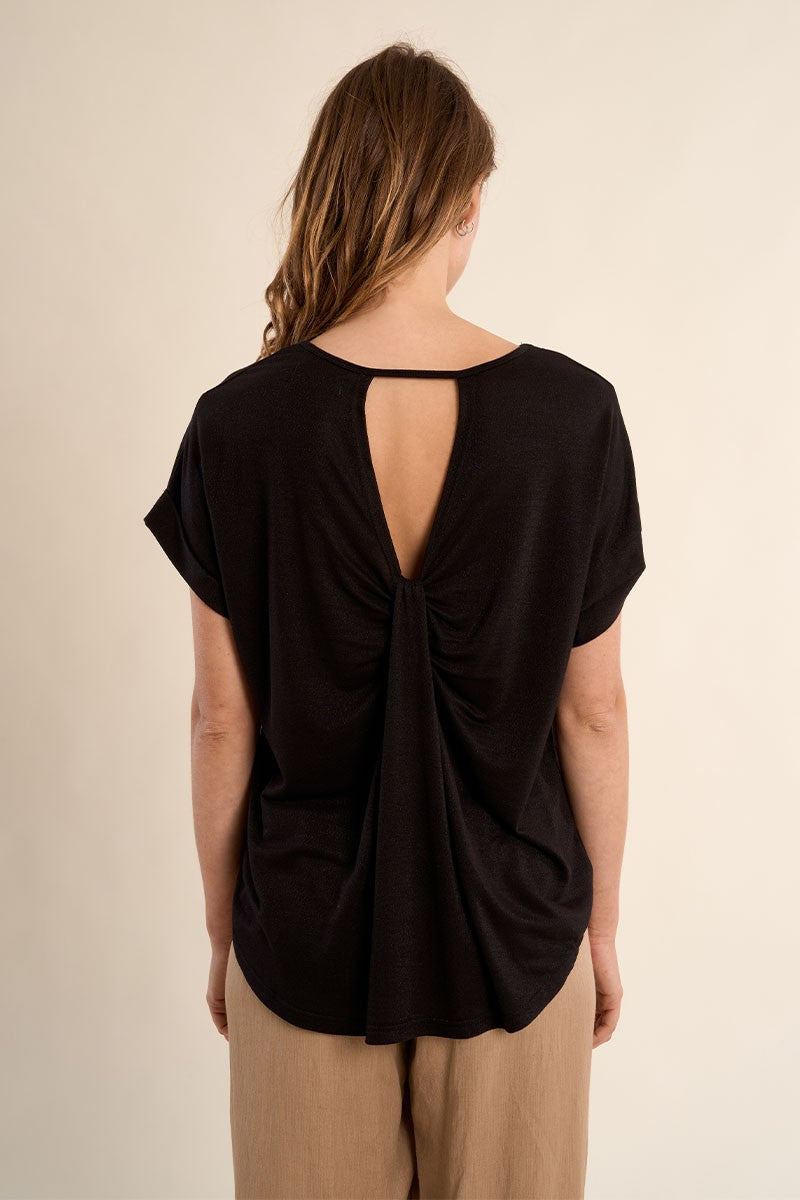 Molly Bracken Shimmer Black Open Back Cuffed Sleeve Tee (Black Ladies Knitted Top)
