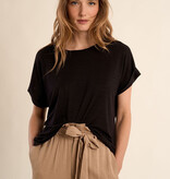 Molly Bracken Shimmer Black Open Back Cuffed Sleeve Tee (Black Ladies Knitted Top)