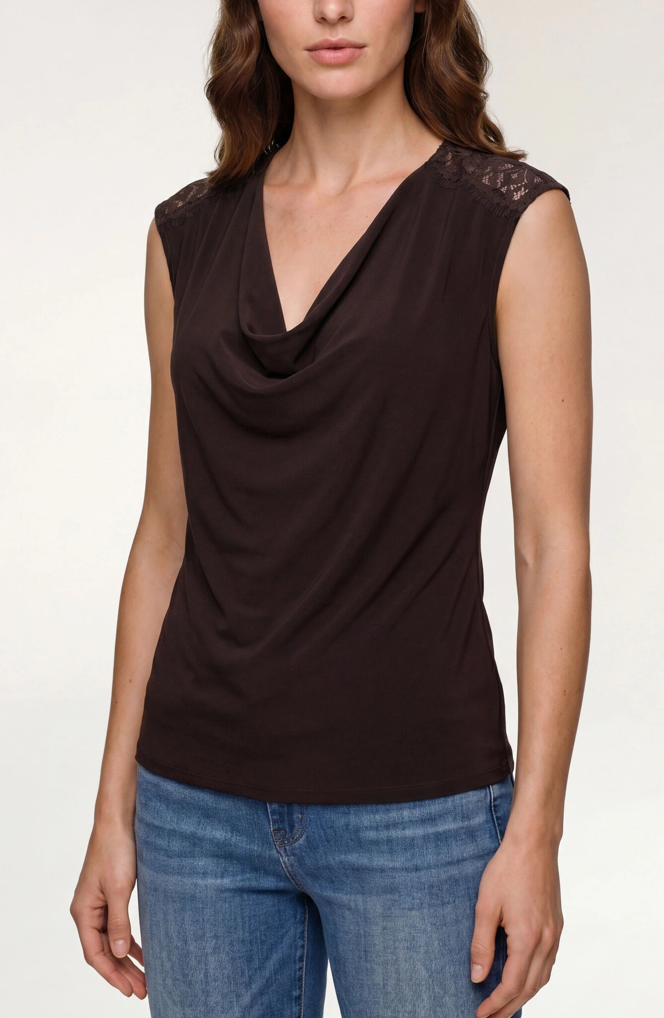 Liverpool Los Angeles draped neck sleeveless knit top w/ lace