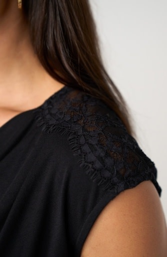 Liverpool Los Angeles draped neck sleeveless knit top w/ lace